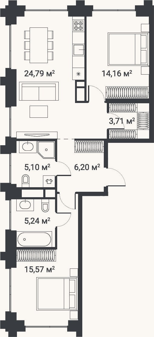 Планировка: 3-к, 76,6 м²