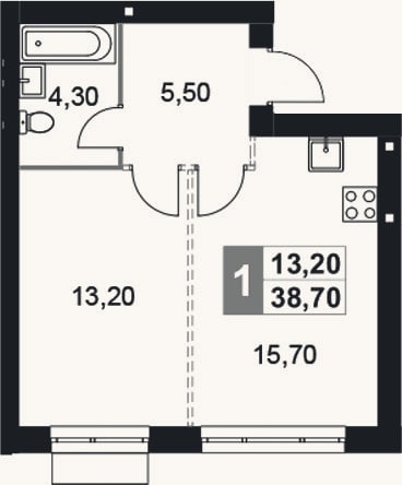 Планировка: 1-к, 38,7 м²