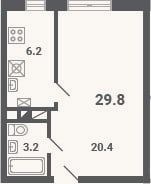 Планировка: 1-к, 29,8 м²