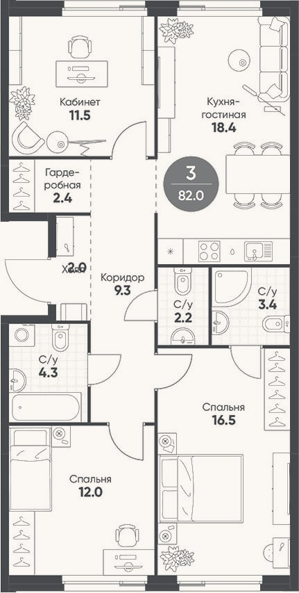 Планировка: 4+ к, 82 м²