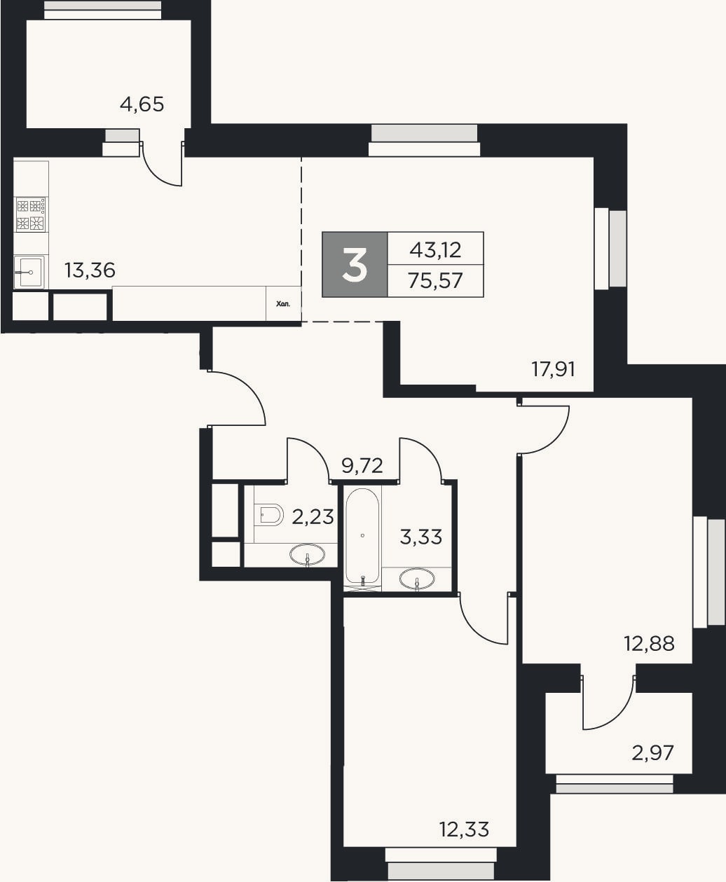 Планировка: 3-к, 71,8 м²