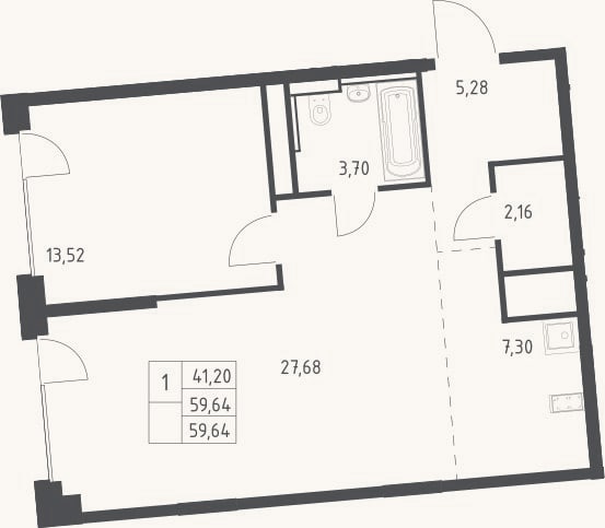 Планировка: 2-к, 59,6 м²