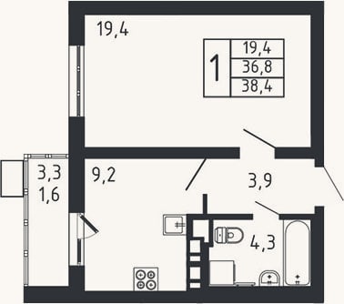 Планировка: 1-к, 36,8 м²
