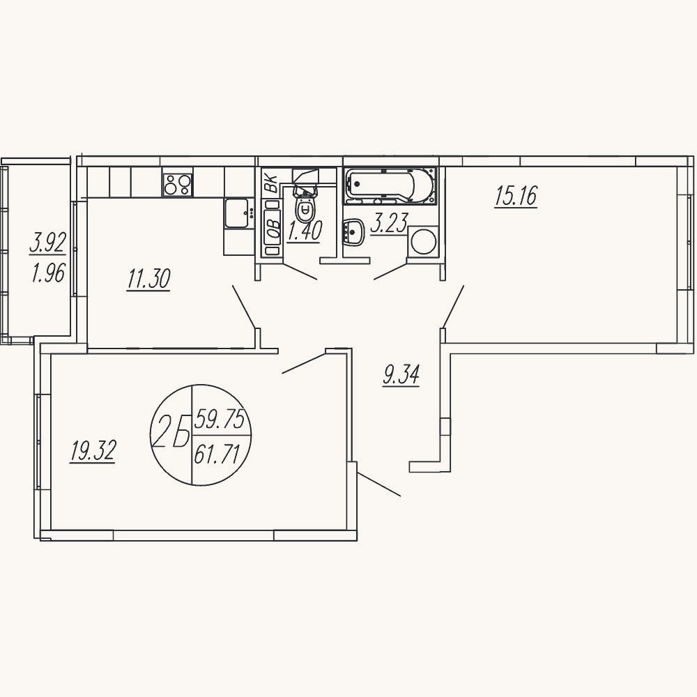 Планировка: 2-к, 59,8 м²