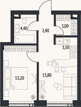 Планировка: 2-к, 42 м²