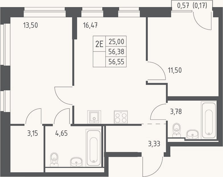 Планировка: 3-к, 56,4 м²