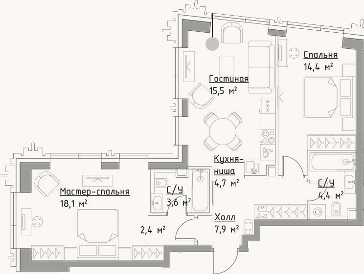 Планировка: 3-к, 71 м²