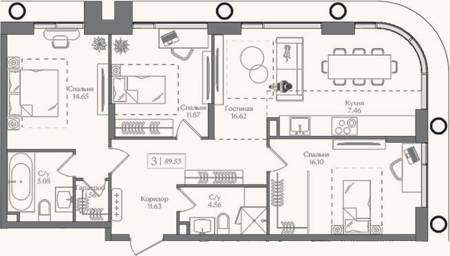 Планировка: 4+ к, 89,5 м²