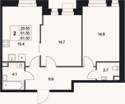 Планировка: 2-к, 61,3 м²