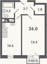 Планировка: 1-к, 33,7 м²