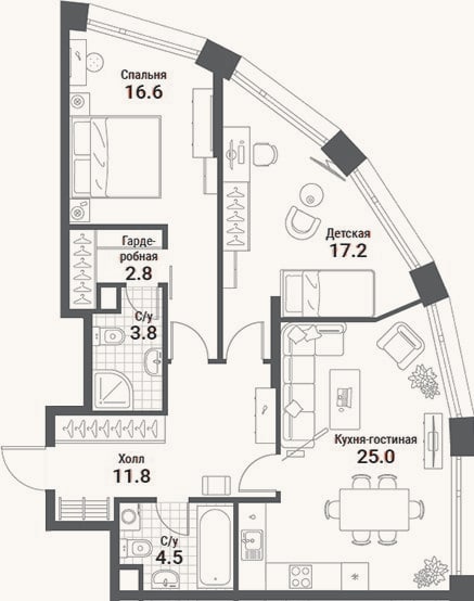 Планировка: 3-к, 81,7 м²