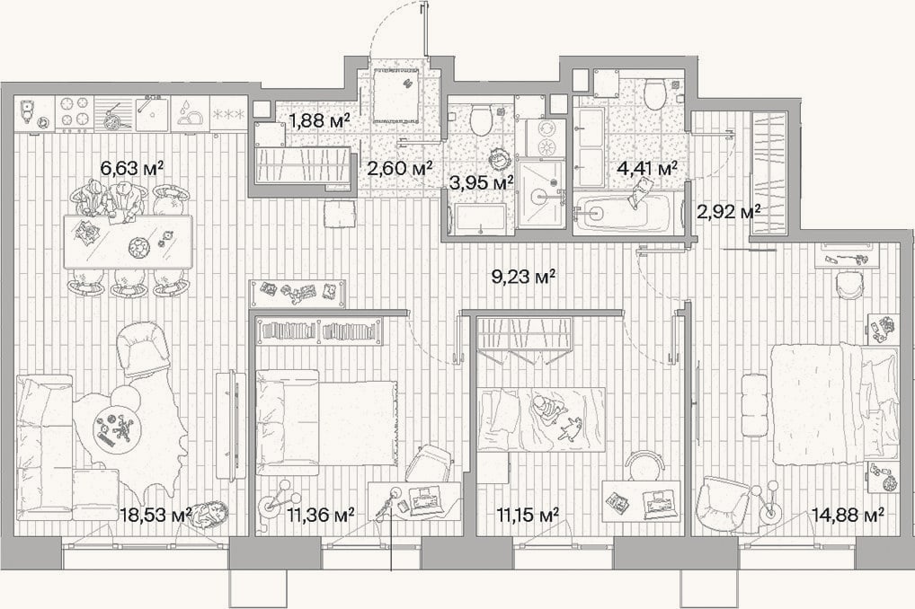 Планировка: 4+ к, 87,5 м²