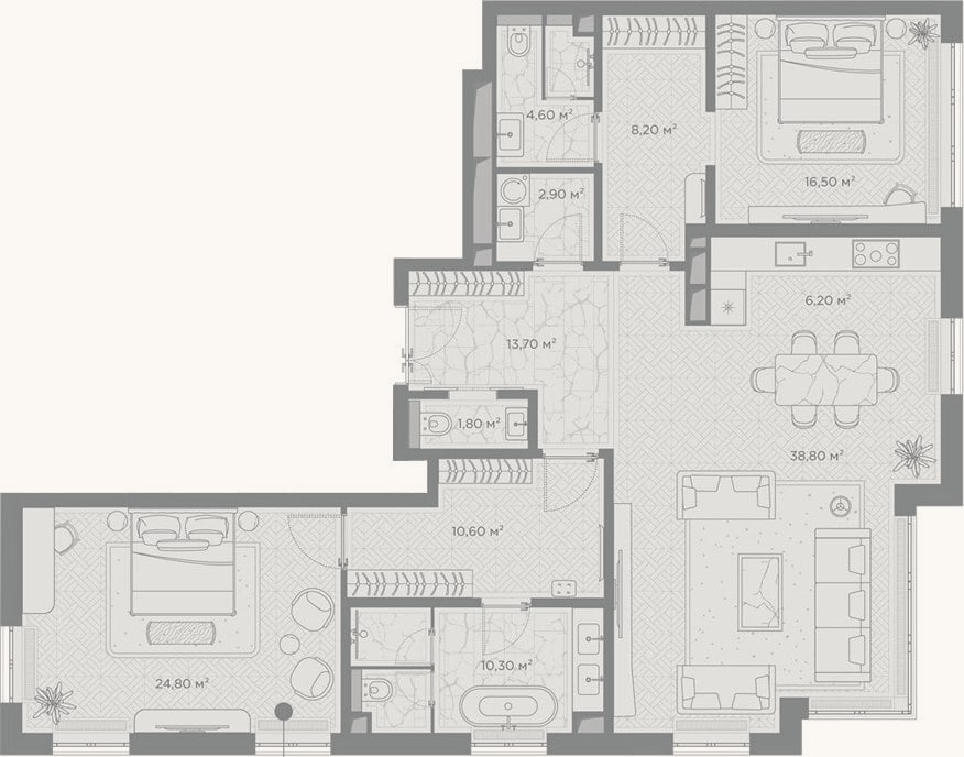 Планировка: 2-к, 138,4 м²