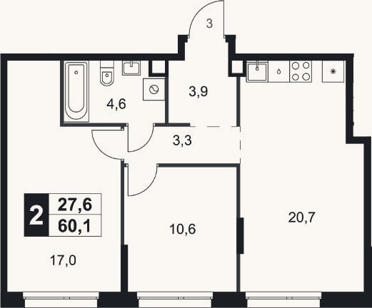 Планировка: 2-к, 60,1 м²