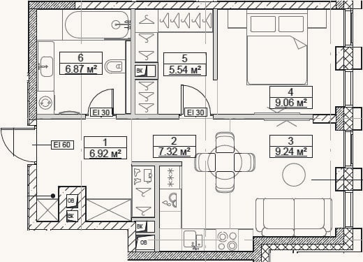 Планировка: 2-к, 45 м²