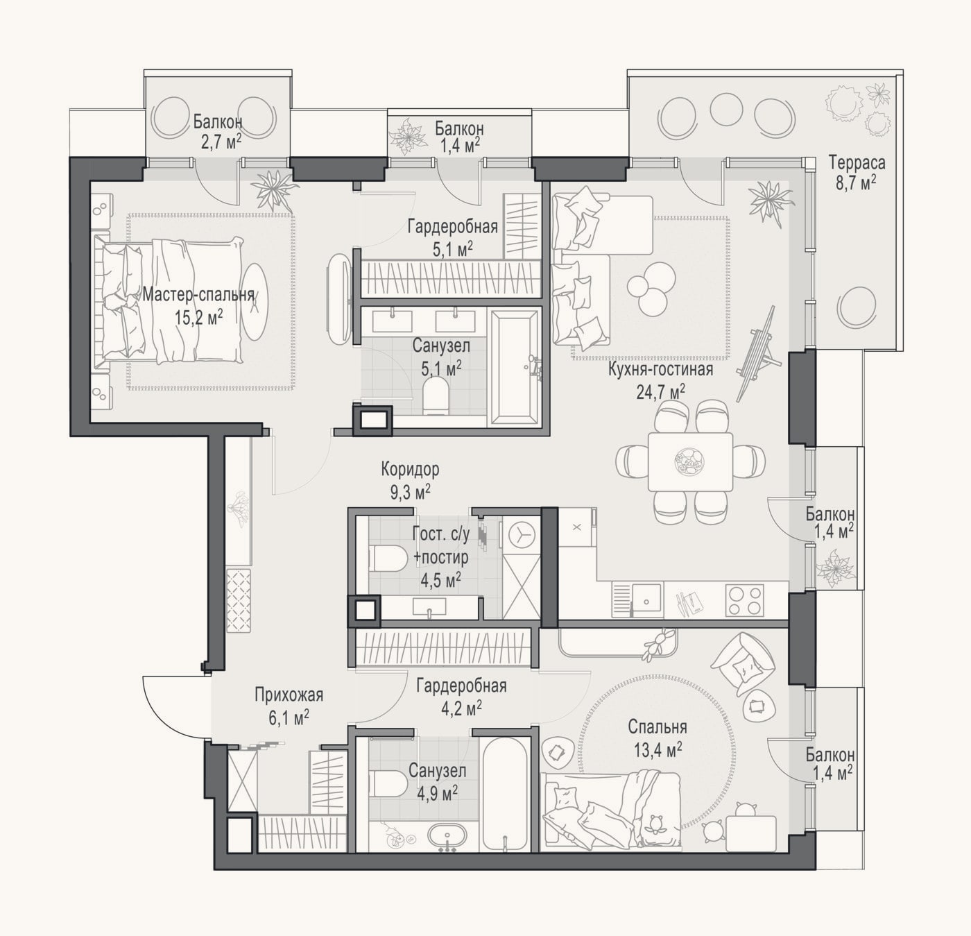 Планировка: 3-к, 91,7 м²