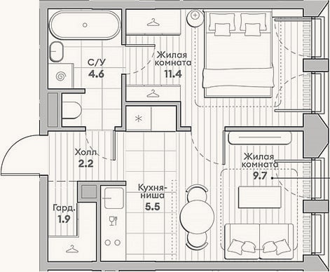 Планировка: 2-к, 35,3 м²