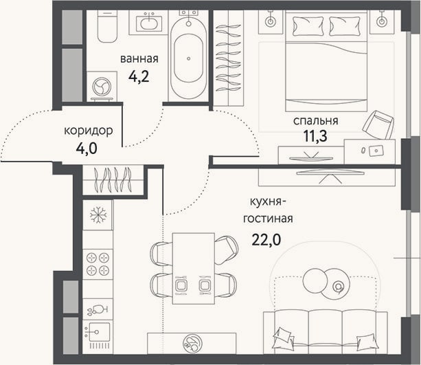 Планировка: 2-к, 41,5 м²