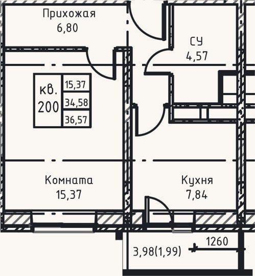 Планировка: 1-к, 37,7 м²