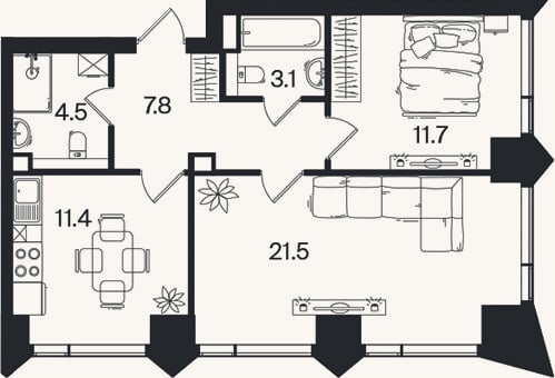 Планировка: 2-к, 60 м²