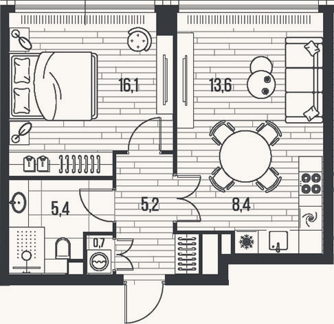 Планировка: 2-к, 49,4 м²