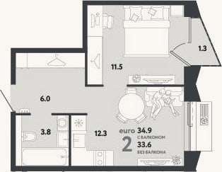 Планировка: 2-к, 33,6 м²