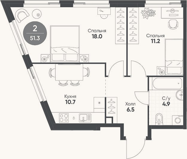 Планировка: 2-к, 51,3 м²