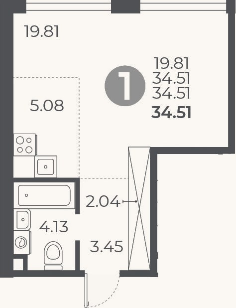 Планировка: Студия, 34,5 м²