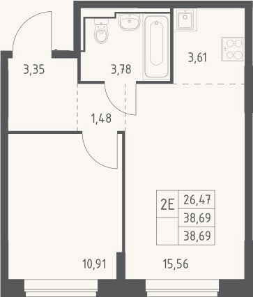 Планировка: 2-к, 38,7 м²