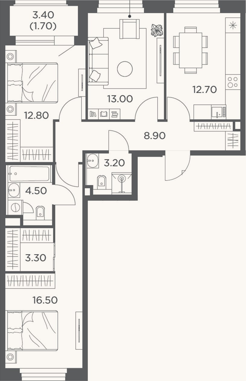 Планировка: 3-к, 74,9 м²