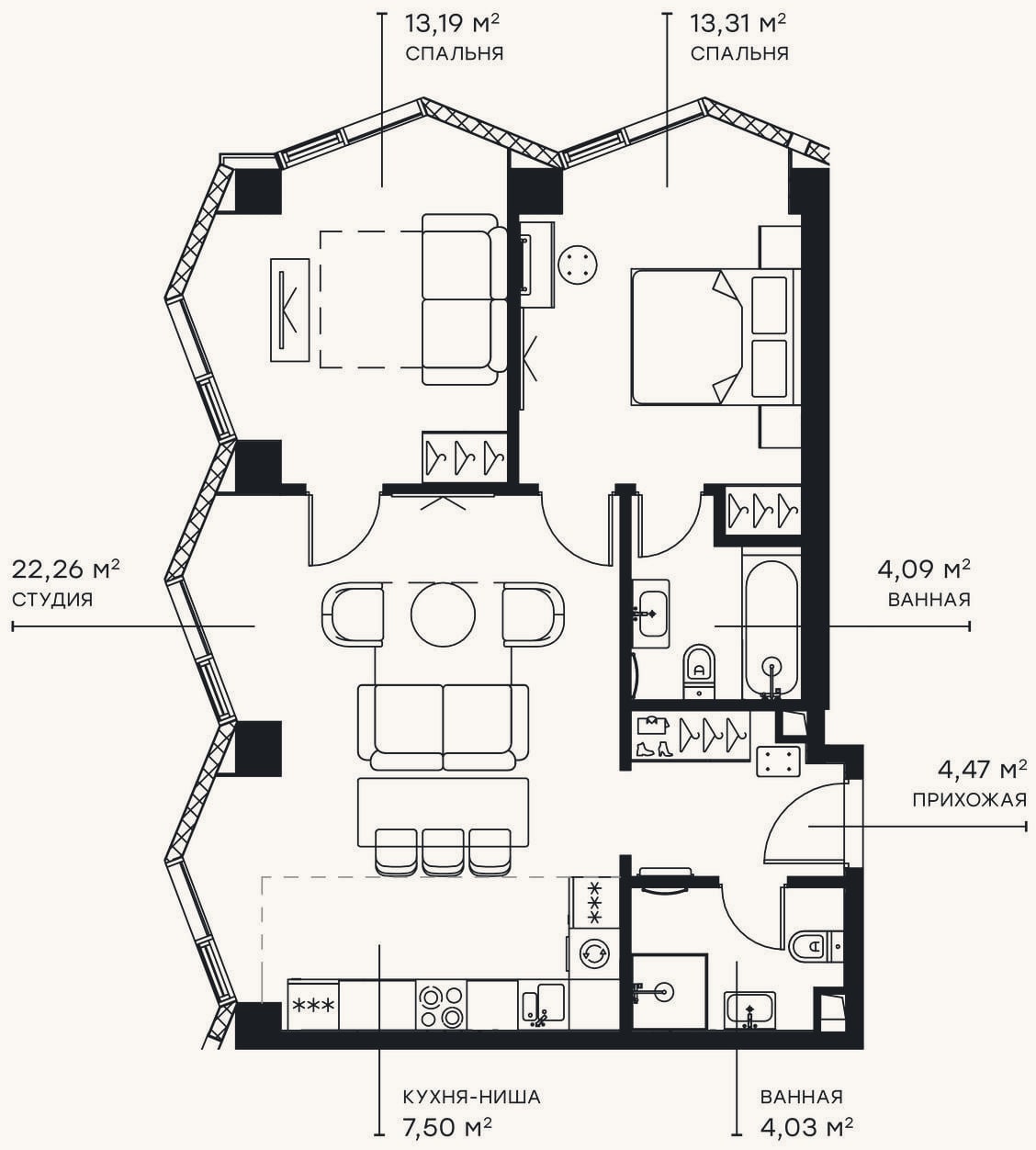 Планировка: 3-к, 68,9 м²