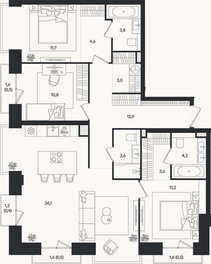 Планировка: 4+ к, 105,5 м²