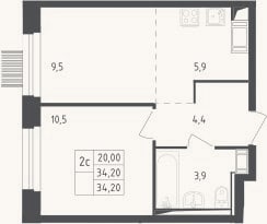 Планировка: 2-к, 34,2 м²