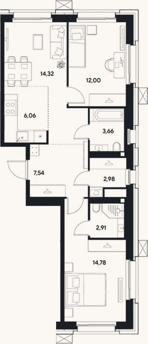 Планировка: 3-к, 64,3 м²