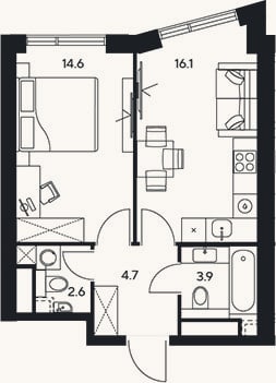 Планировка: 1-к, 41,9 м²