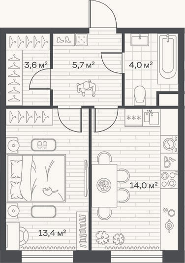 Планировка: 1-к, 40,7 м²