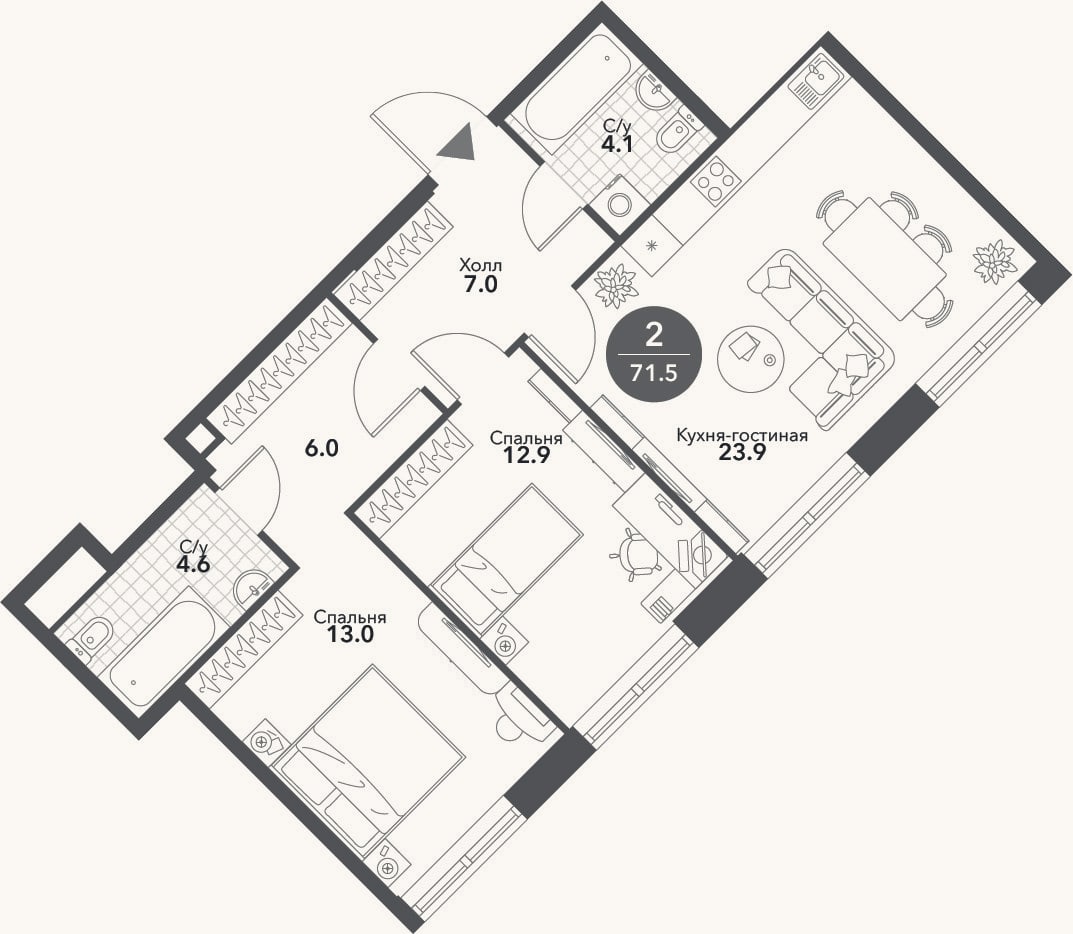 Планировка: 3-к, 71,5 м²