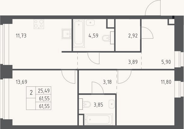 Планировка: 2-к, 61,6 м²