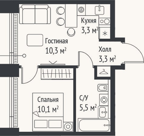 Планировка: 2-к, 32,5 м²
