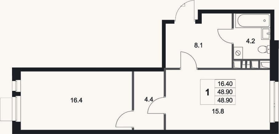Планировка: 1-к, 48,9 м²