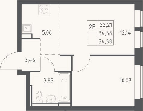 Планировка: 2-к, 34,6 м²