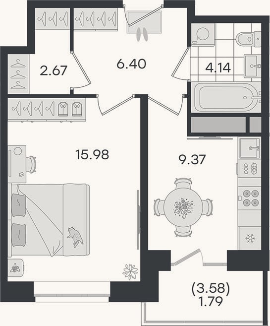 Планировка: 1-к, 38,6 м²