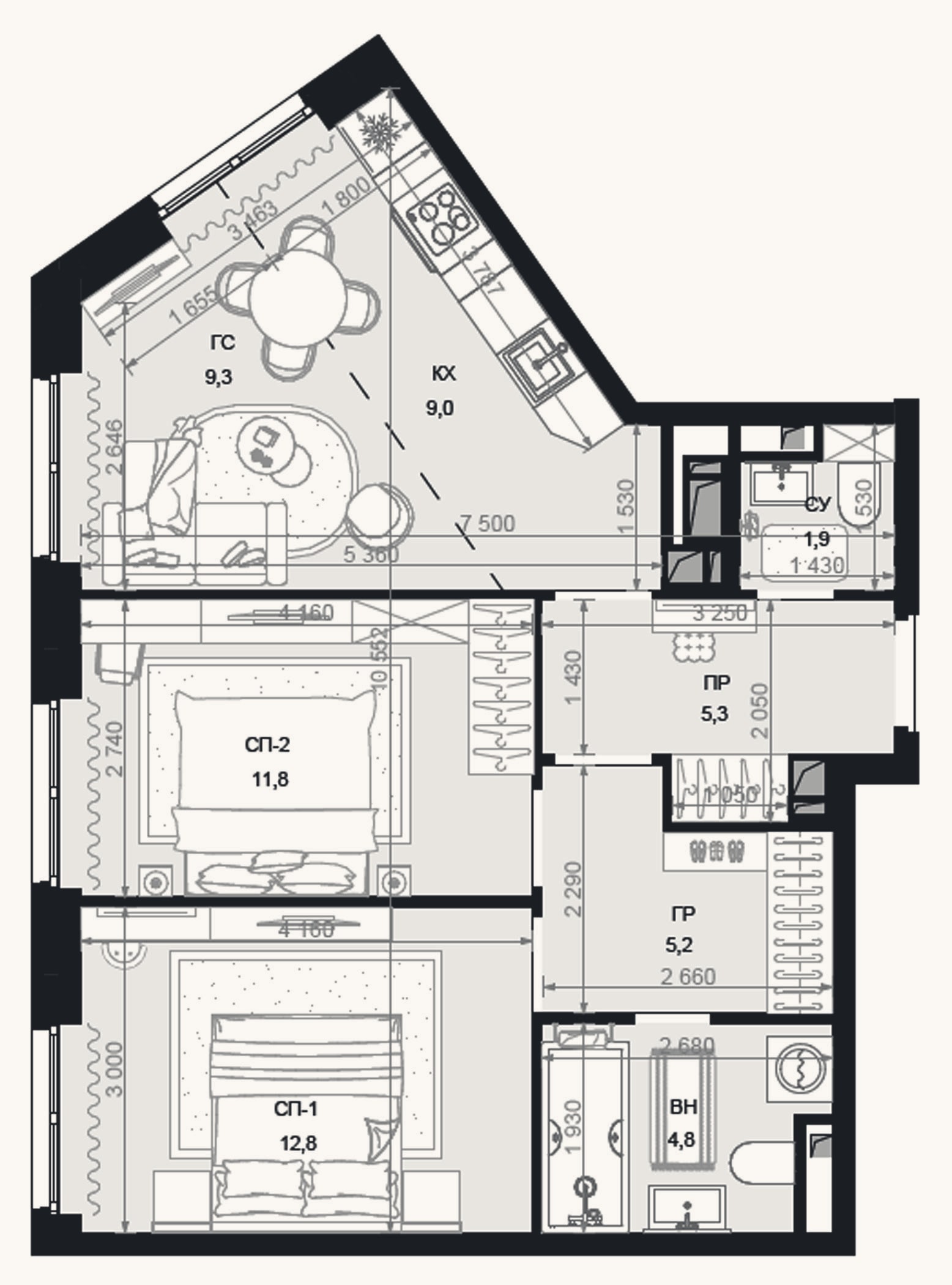Планировка: 3-к, 60,1 м²