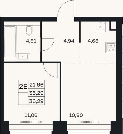 Планировка: 2-к, 36,3 м²