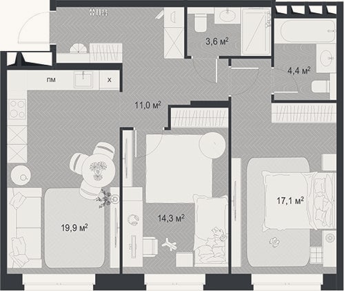 Планировка: 3-к, 70,3 м²