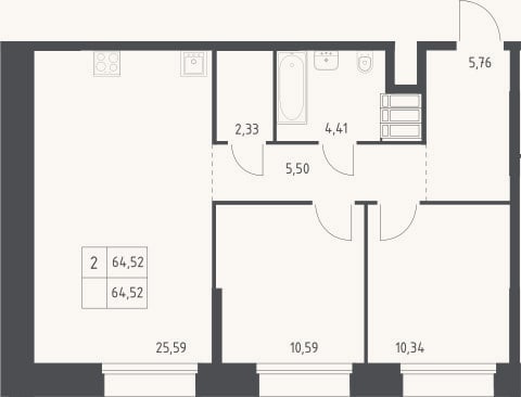 Планировка: 2-к, 64,5 м²