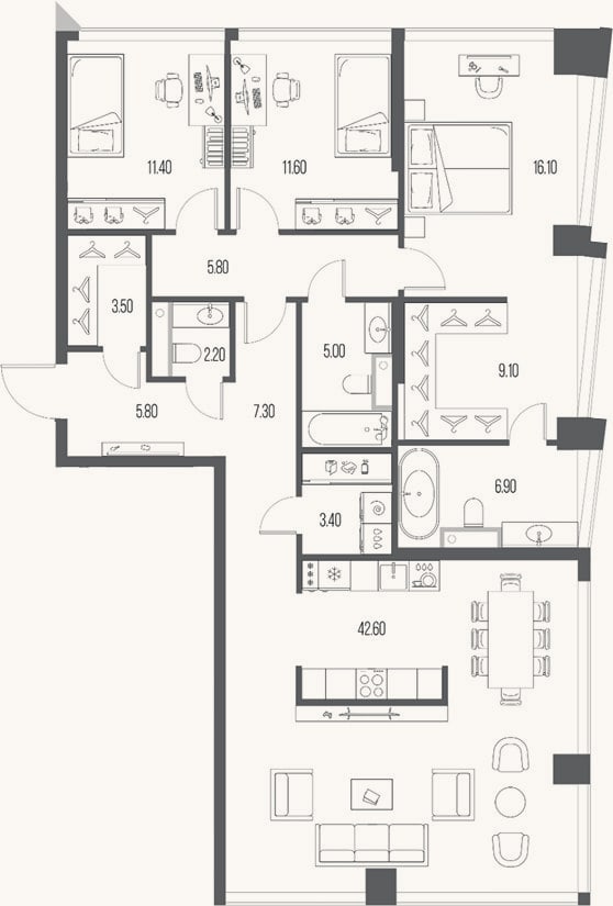 Планировка: 3-к, 130,7 м²