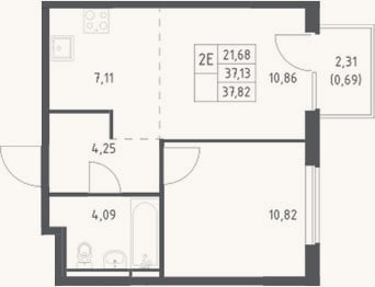 Планировка: 2-к, 37,1 м²