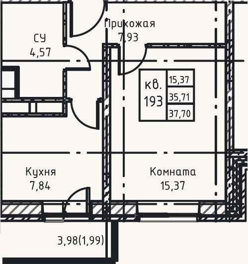 Планировка: 1-к, 37,7 м²