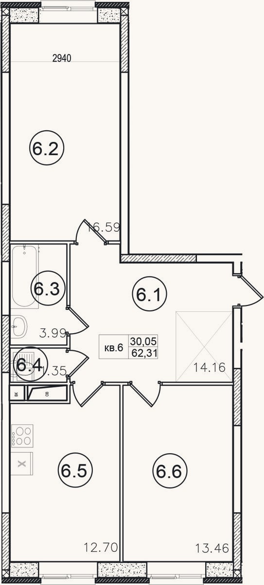 Планировка: 2-к, 62,3 м²